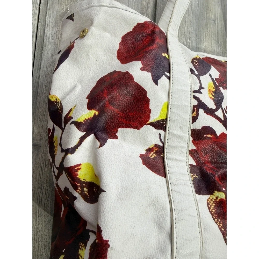 Ieena Duggal White Red Rose Floral Tote Bag Large Gold Hardware Shoulder Bag